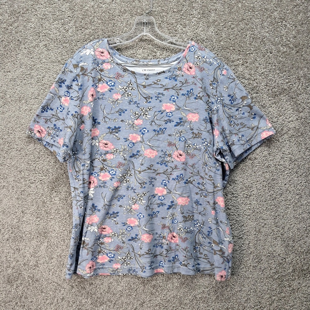 CW Classics Womens 2X Floral Crew Neck Short Sleeve Blue‎ Pink Cotton Blend Tee